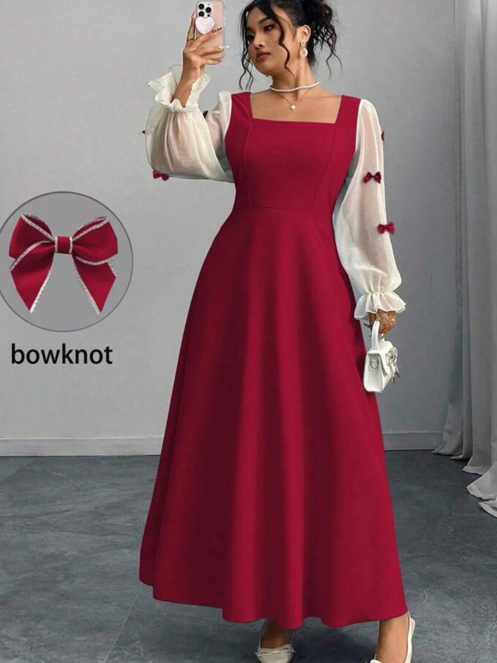 Elegant Red Square-Neck Maxi Dress with Sheer Sleeve Bows
